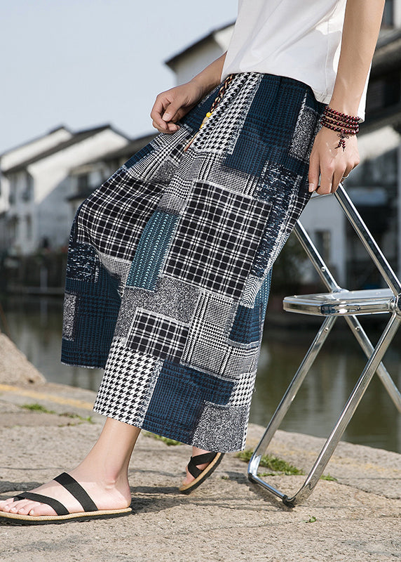 Blue Pockets Print Ice Silk Crop Pants Summer