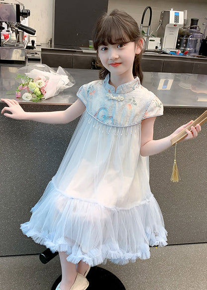 Blue Print Patchwork Tassel Tulle Kids Long Dresses Summer