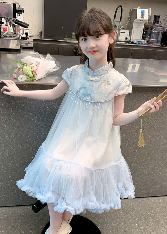 Blue Print Patchwork Tassel Tulle Kids Long Dresses Summer