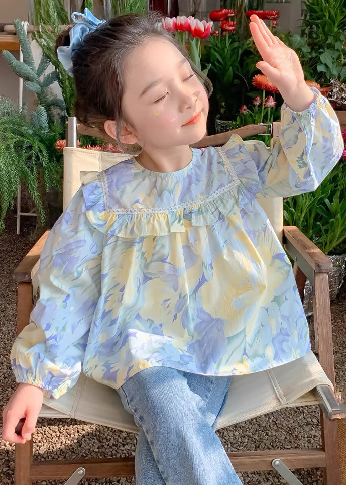 Blue Ruffled Print Cotton Blouses Spring