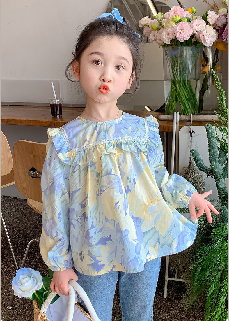 Blue Ruffled Print Cotton Blouses Spring