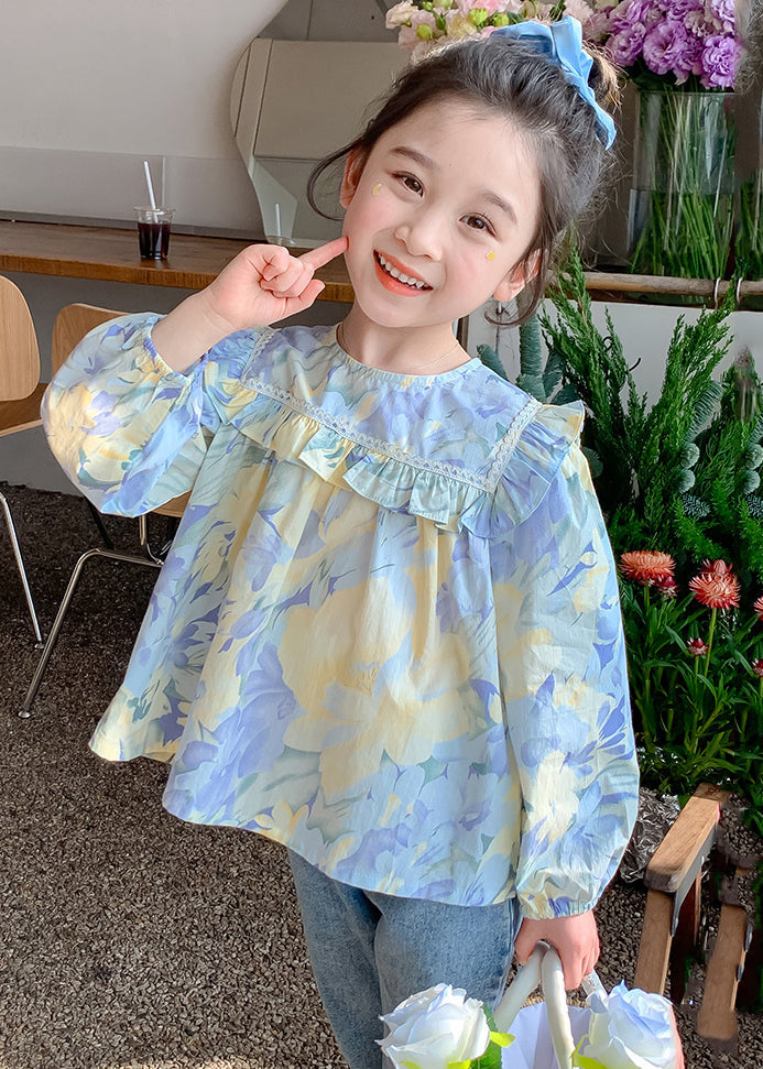 Blue Ruffled Print Cotton Blouses Spring