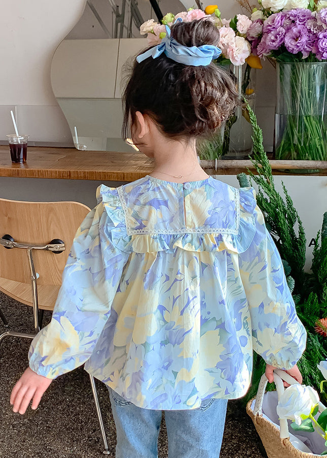 Blue Ruffled Print Cotton Blouses Spring