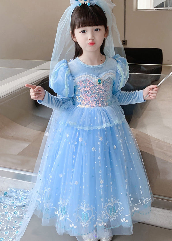Blue Ruffled Sequins Patchwork Tulle Kids Princess Dresses Fall