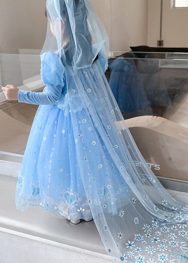 Blue Ruffled Sequins Patchwork Tulle Kids Princess Dresses Fall
