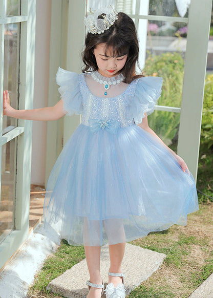 Blue Sequins Patchwork Bow Tulle Kids Maxi Dresses Butterfly Sleeve