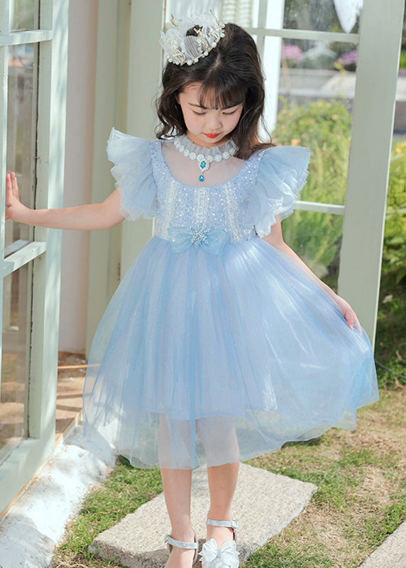 Blue Sequins Patchwork Bow Tulle Kids Maxi Dresses Butterfly Sleeve