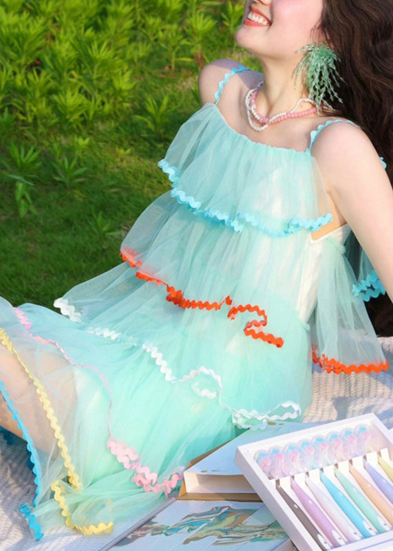 Blue Slash Neck Patchwork Spaghetti Strap Cake Dress Summer