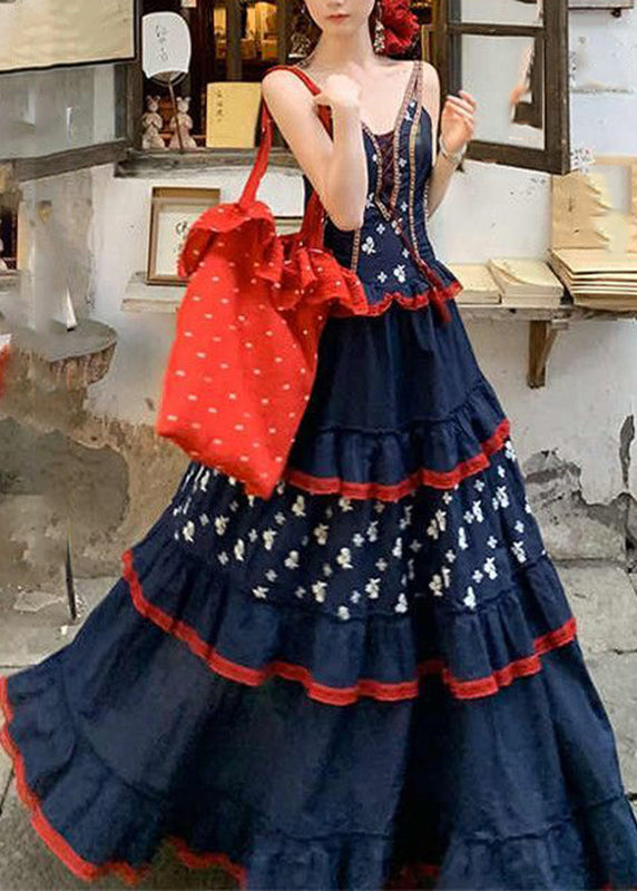 Blue V Neck Print Patchwork Party Long Dress Summer