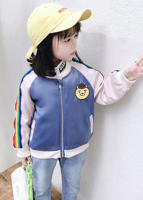 Blue Zip Up Pockets Patchwork Cotton Kids Coat Outwear Fall