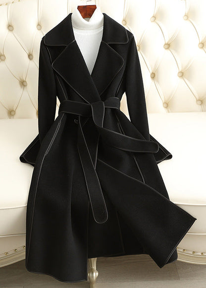 Camel Notched Patchwork Tie Waist Woolen Long Coats Fall