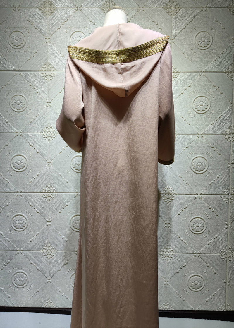 Champagne Patchwork Velour Holiday Hooded Maxi Dress Long Sleeve