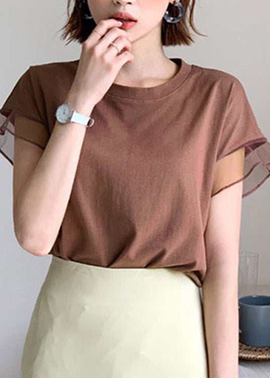Chocolate O-neck Tulle Patchwork Ruffled Cotton T Shirts Short Sleeve