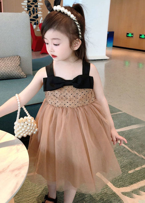 Coffee Bow Wrinkled Patchwork Tulle Kids Dresses Summer