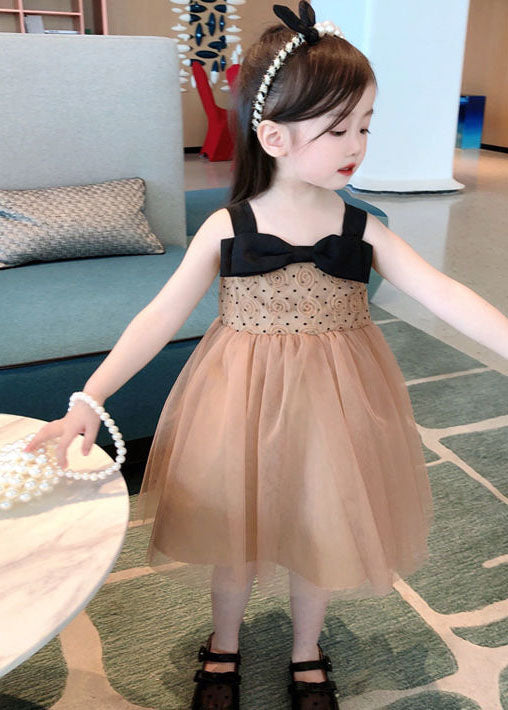 Coffee Bow Wrinkled Patchwork Tulle Kids Dresses Summer