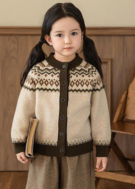 Coffee O-neck Print Cotton Knit Cardigans Spring