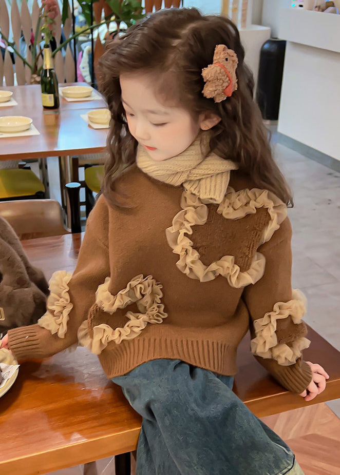 Coffee O-neck Tulle Patchwork Cotton Knit Sweaters Spring