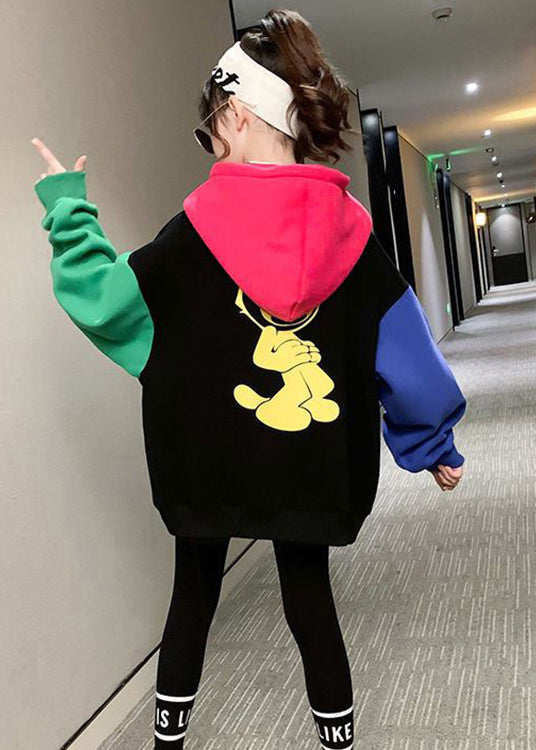 Colorblock Hooded Print Patchwork Cotton Sweatshirt Winter