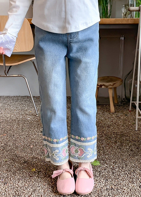 Denim Blue Pockets Kids Straight Pants Spring