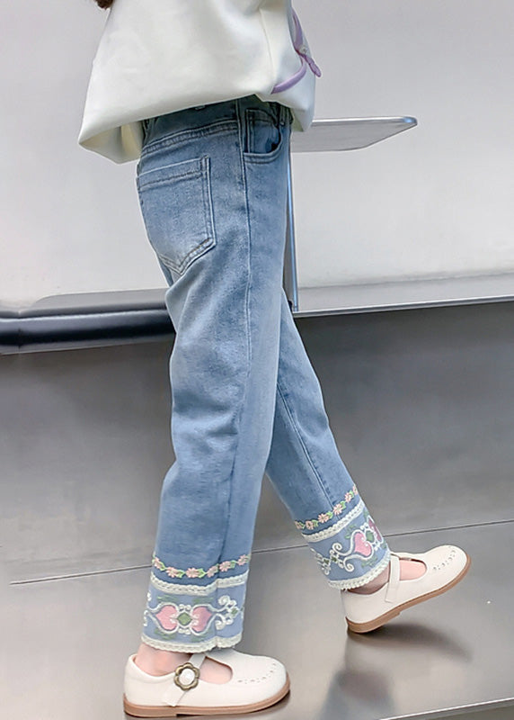 Denim Blue Pockets Kids Straight Pants Spring