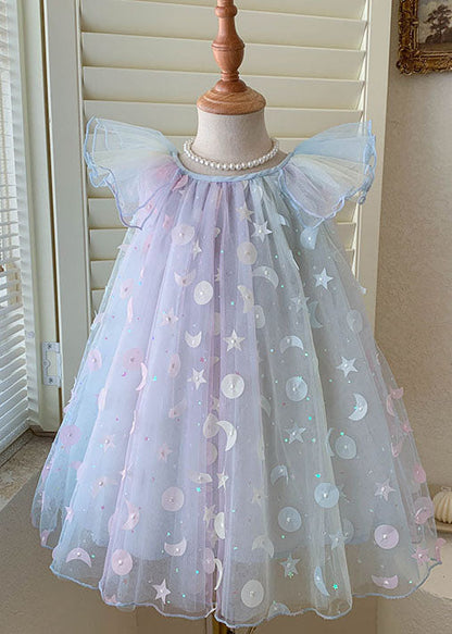 Gradient Blue Sequins Wrinkled Patchwork Tulle Baby Dress Summer