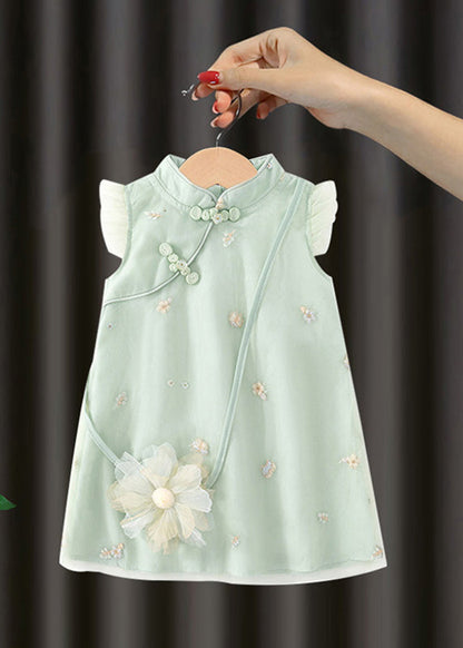 Green Embroideried Button Long Dresses Summer