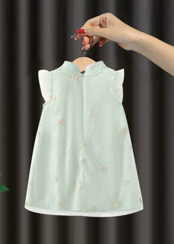 Green Embroideried Button Long Dresses Summer
