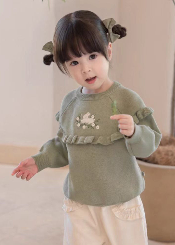 Green Embroideried Ruffled Patchwork Cotton Knit Knit Sweaters Spring