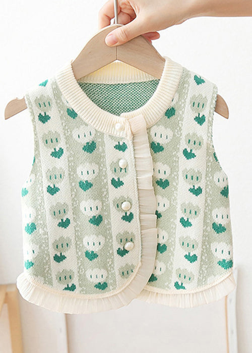 Green O Neck Button Patchwork Kids Waistcoat Sleeveless