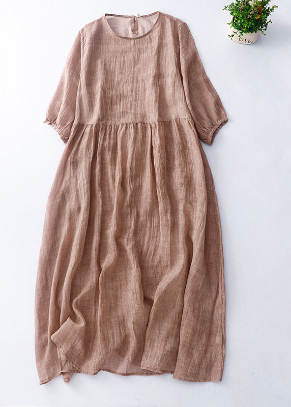 Green O-neck Patchwork Linen Maxi Dress Short Sleeve