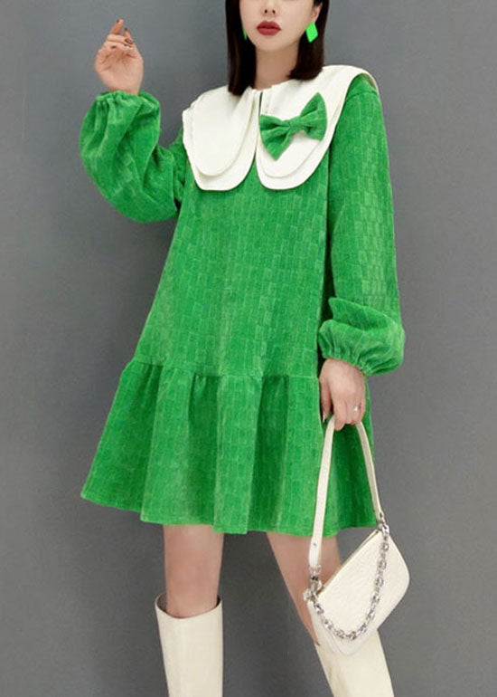Green Peter Pan Collar Bow Plaid Velour Dresses Spring