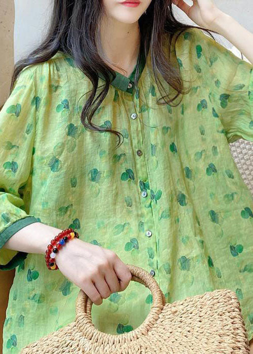 Green Peter Pan Collar Print Linen Blouses Summer