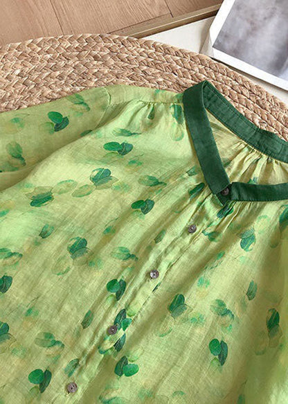 Green Peter Pan Collar Print Linen Blouses Summer