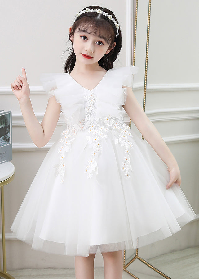Green Ruffled Embroideried Daisy Tulle Kids Long Dresses Summer
