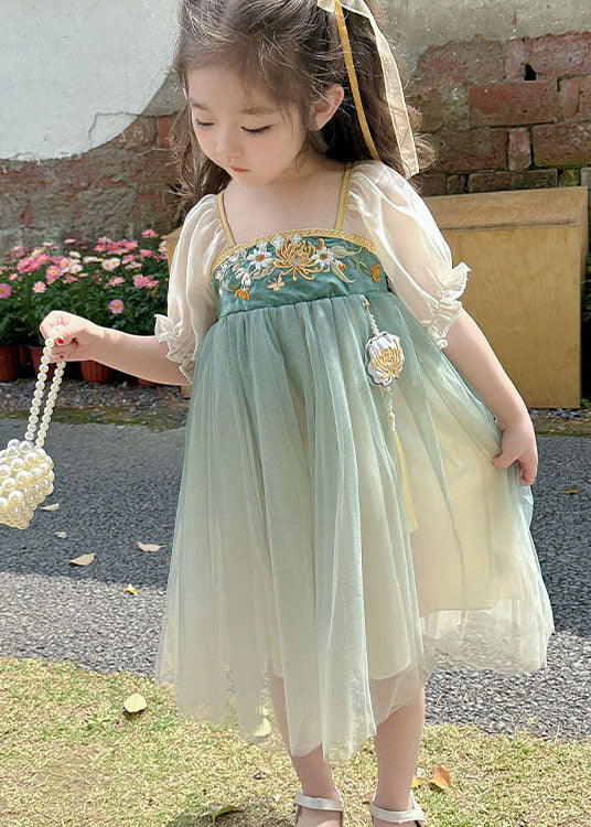 Green Ruffled Embroideried Patchwork Chiffon Kids Dresses Summer