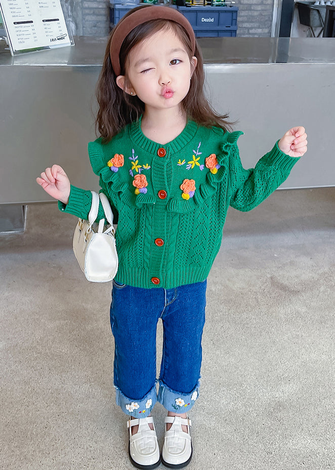 Green Ruffled Knit Coat and Denim Pants Sets 2 Pieces Fall