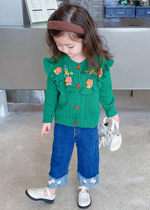 Green Ruffled Knit Coat and Denim Pants Sets 2 Pieces Fall