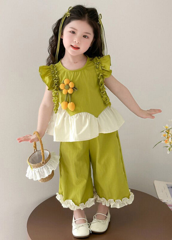 Green Ruffled Patchwork Sunflower Top and Wide Leg Pants Two Pieces Set Summer
