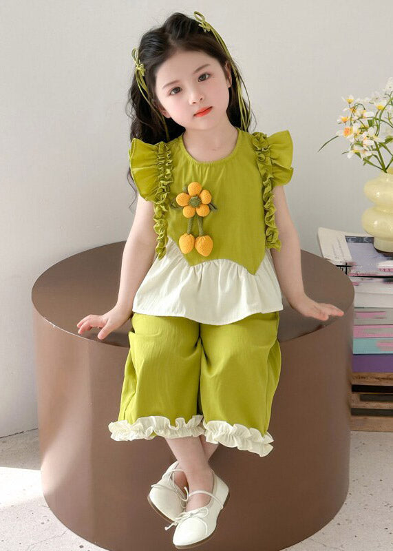 Green Ruffled Patchwork Sunflower Top and Wide Leg Pants Two Pieces Set Summer
