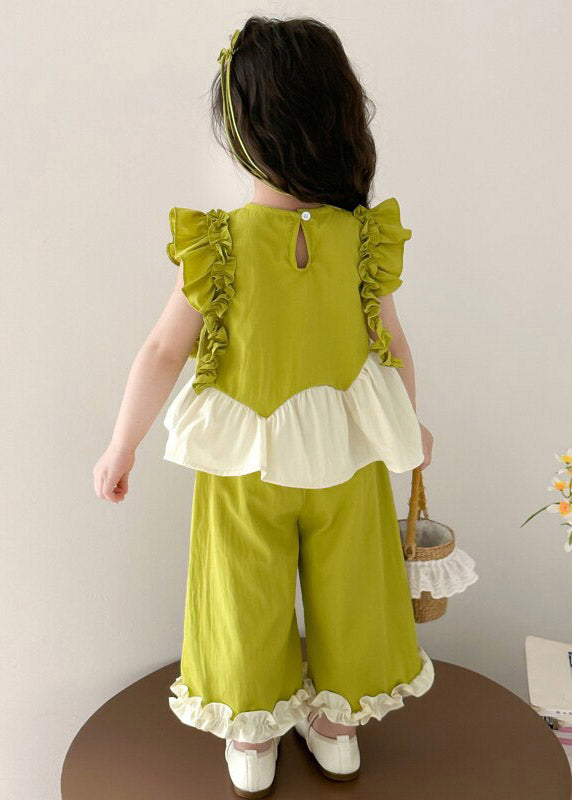 Green Ruffled Patchwork Sunflower Top and Wide Leg Pants Two Pieces Set Summer