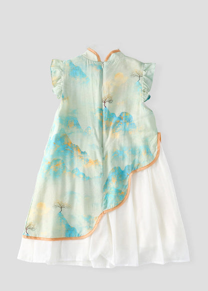 Green Stand Collar Chiffon Patchwork Kids Chiffon Maxi Dress Short Sleeve