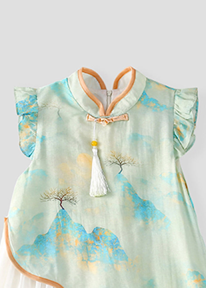 Green Stand Collar Chiffon Patchwork Kids Chiffon Maxi Dress Short Sleeve