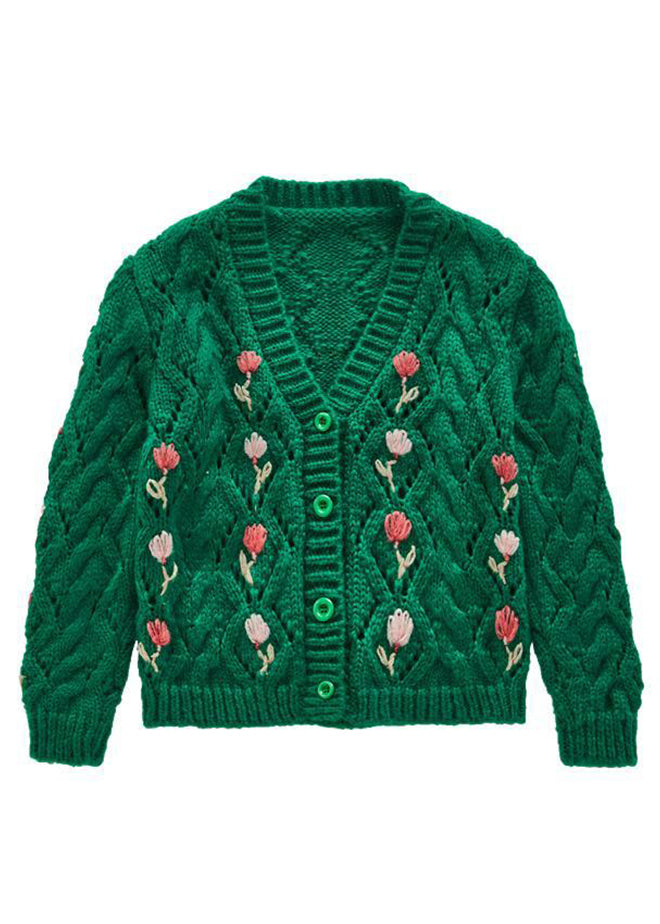 Green V Neck Button Patchwork Knit Cardigans Fall