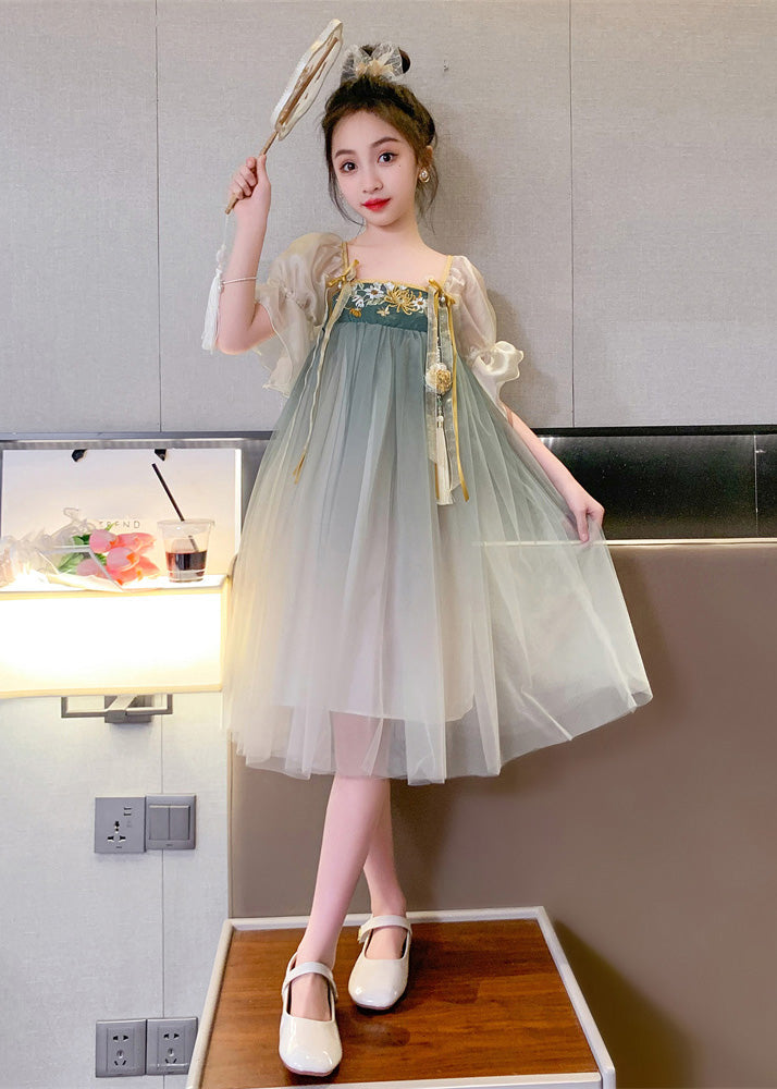 Grey Green Square Collar Embroideried Patchwork Wrinkled Tassel Tulle Kids Maxi Dresses Short Sleeve