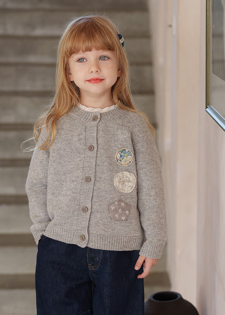 Grey O-neck Patchwork Cotton Knit Kids Cardigans Spring