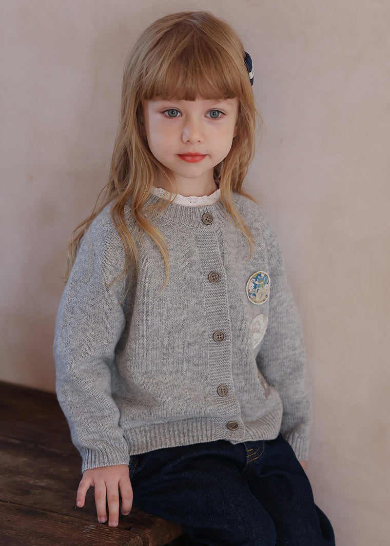 Grey O-neck Patchwork Cotton Knit Kids Cardigans Spring