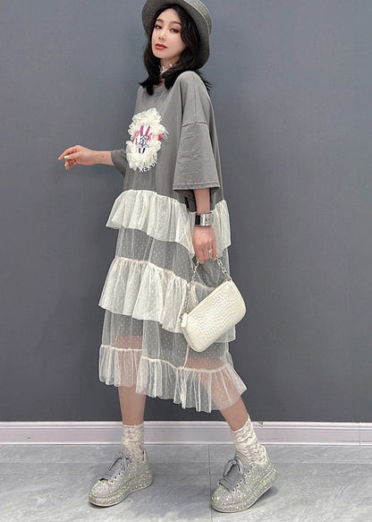Grey O-neck Patchwork Tulle Dress Short Sleeve