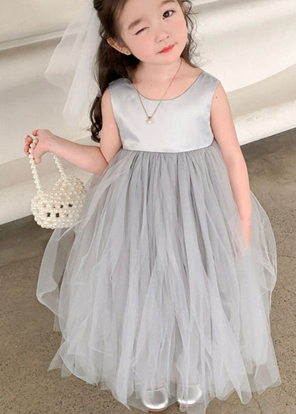 Grey O Neck Wrinkled Patchwork Tulle Baby Party Dress Sleeveless