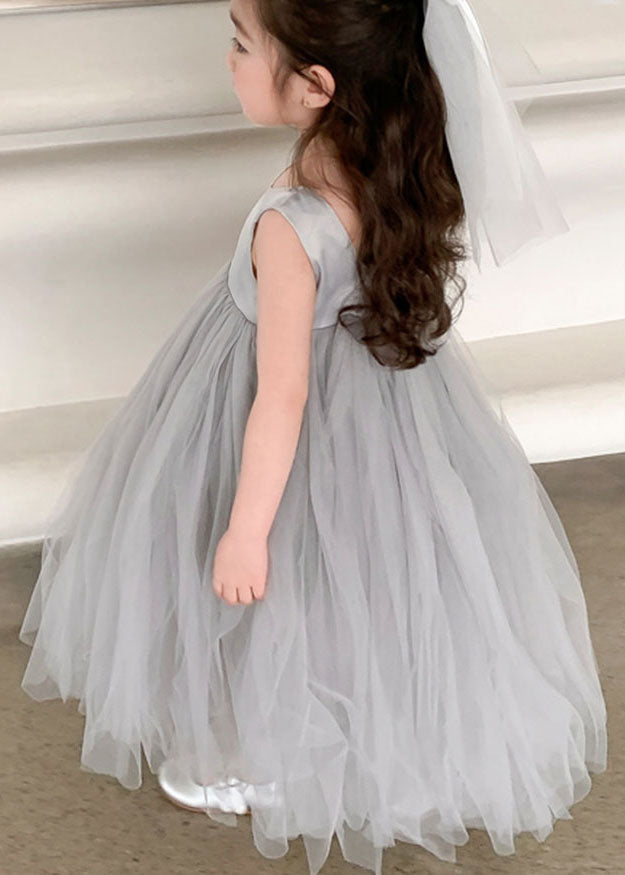 Grey O Neck Wrinkled Patchwork Tulle Baby Party Dress Sleeveless