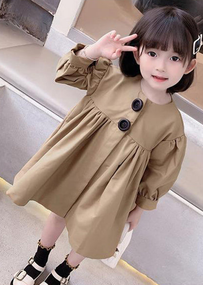 Khaki O-neck Patchwork Kids Mid Dresses Fall
